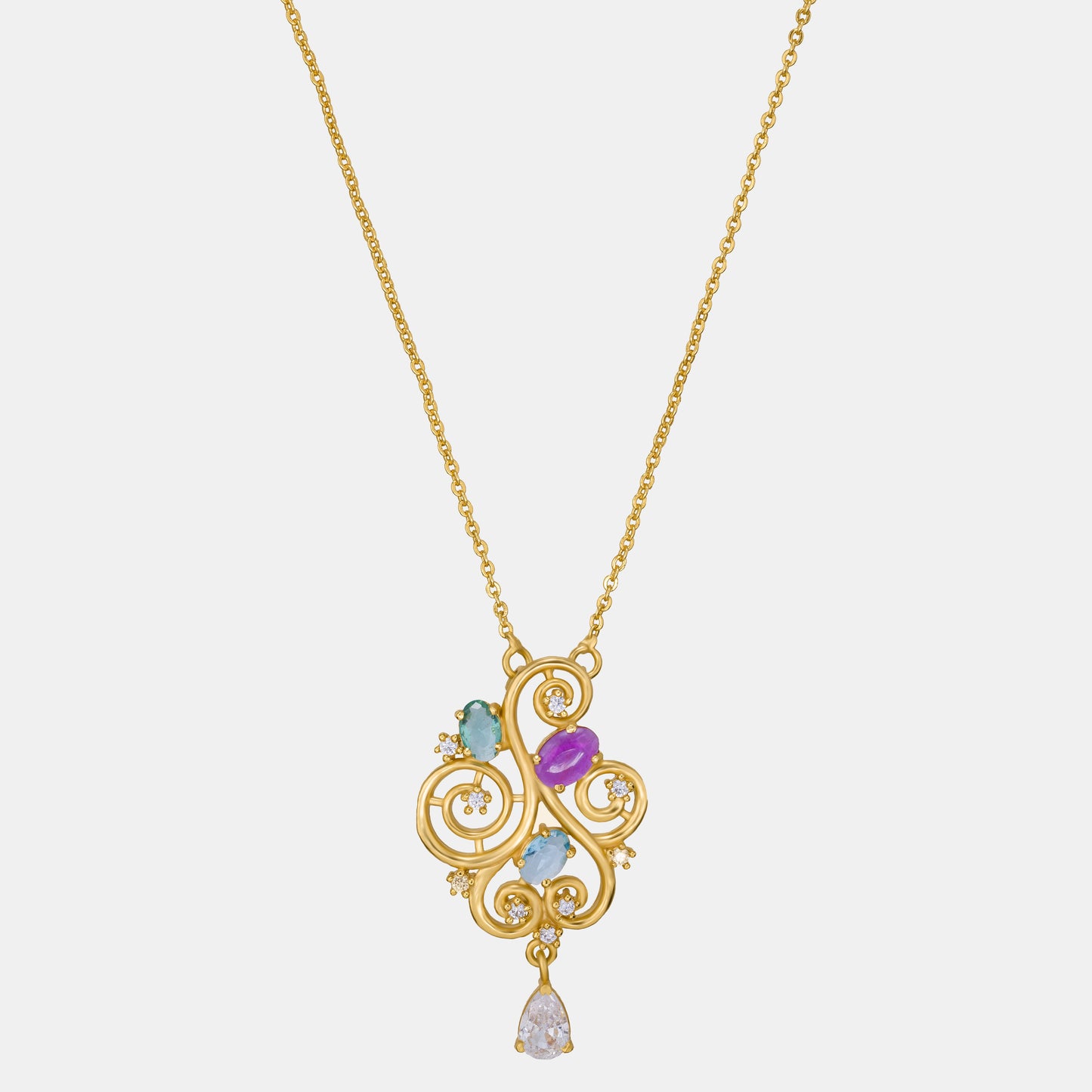 golden necklace with a purple stone and a white diamond