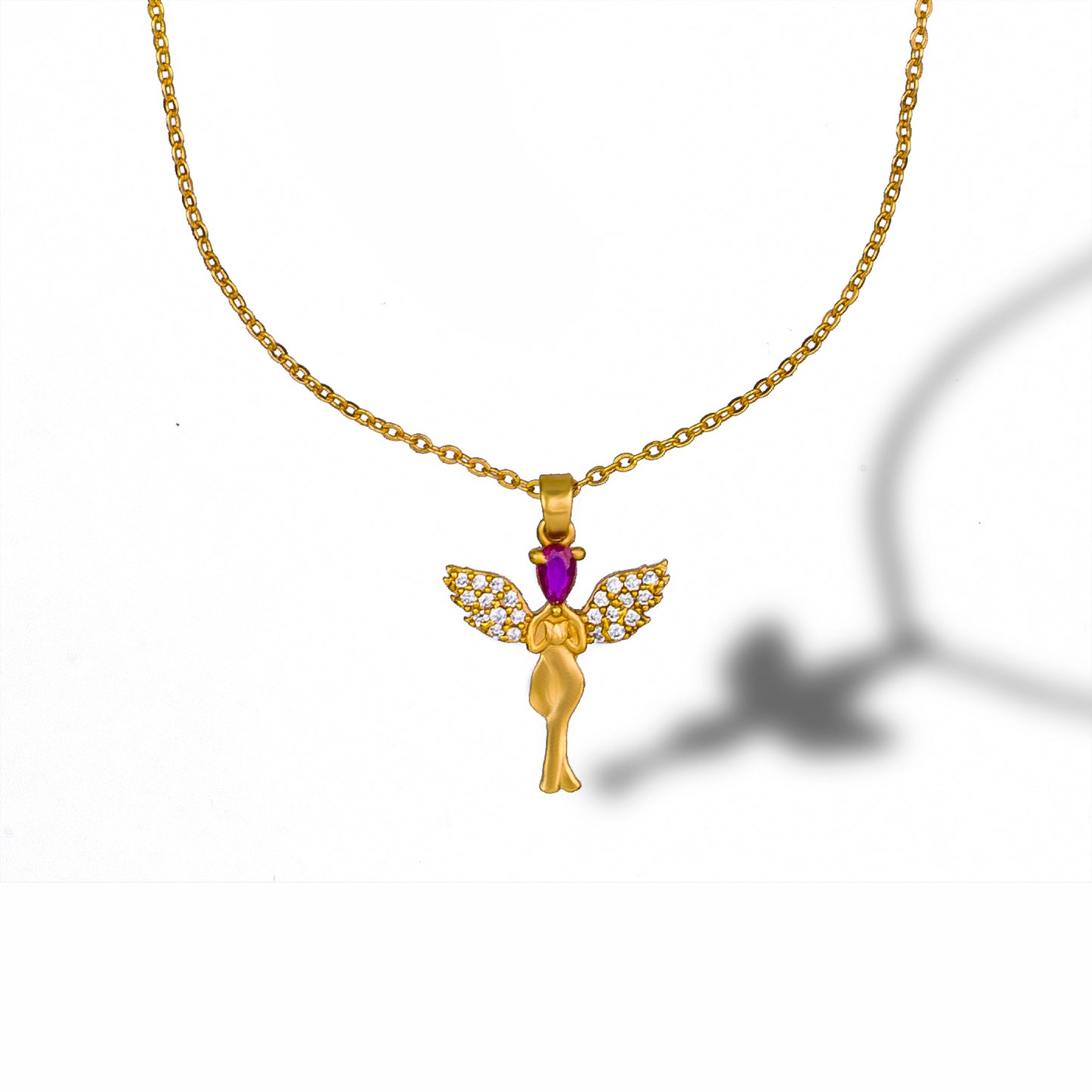 golden necklace with a purple stone angel