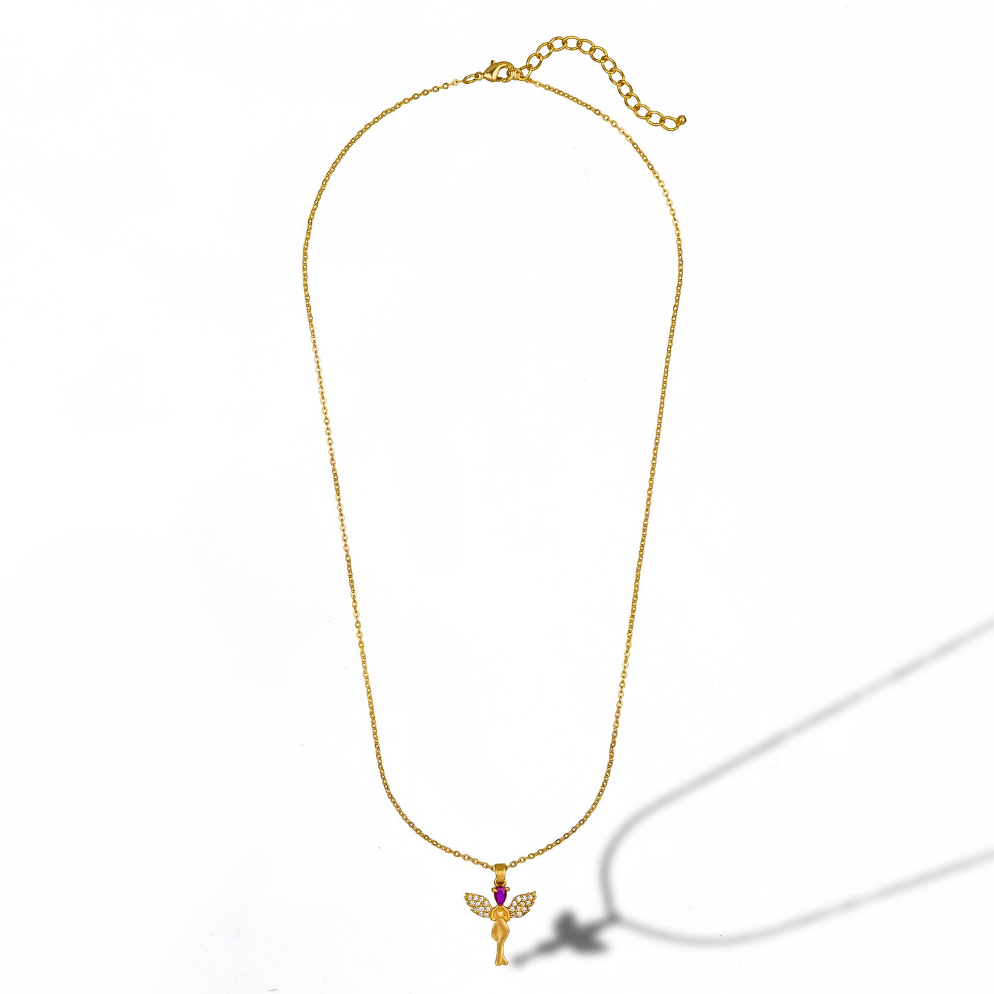 golden necklace with a purple stone angel