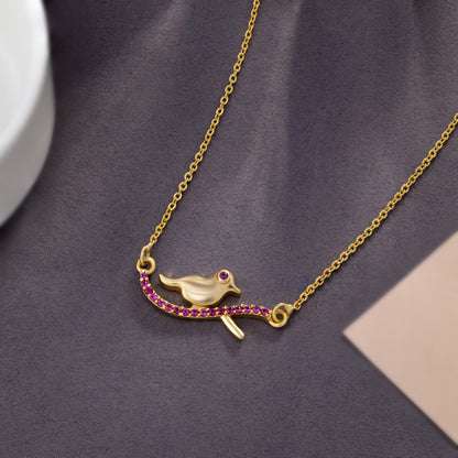 Golden Bird Necklace with Pink Stones