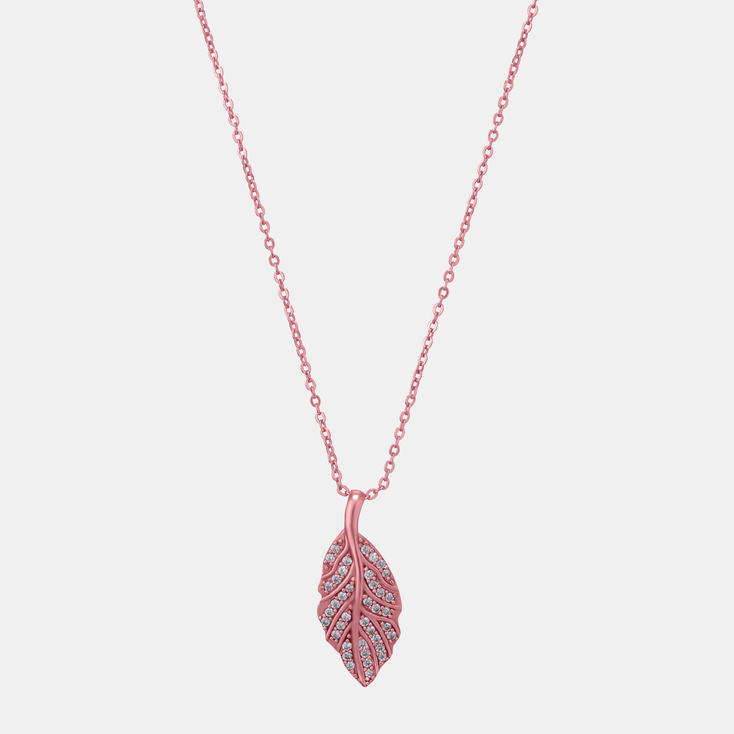 rose gold necklace with a pink diamond leaf pendant