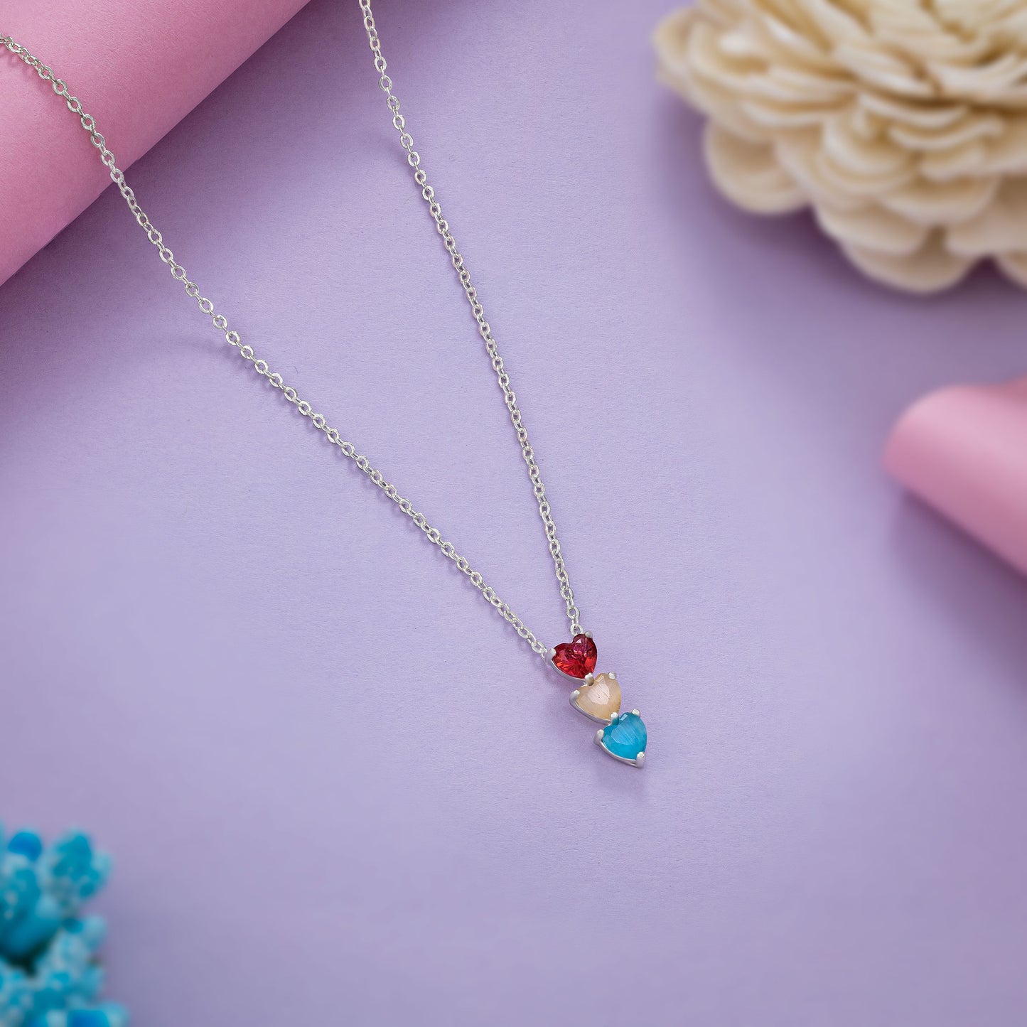 multi-color hanging heart silver necklace