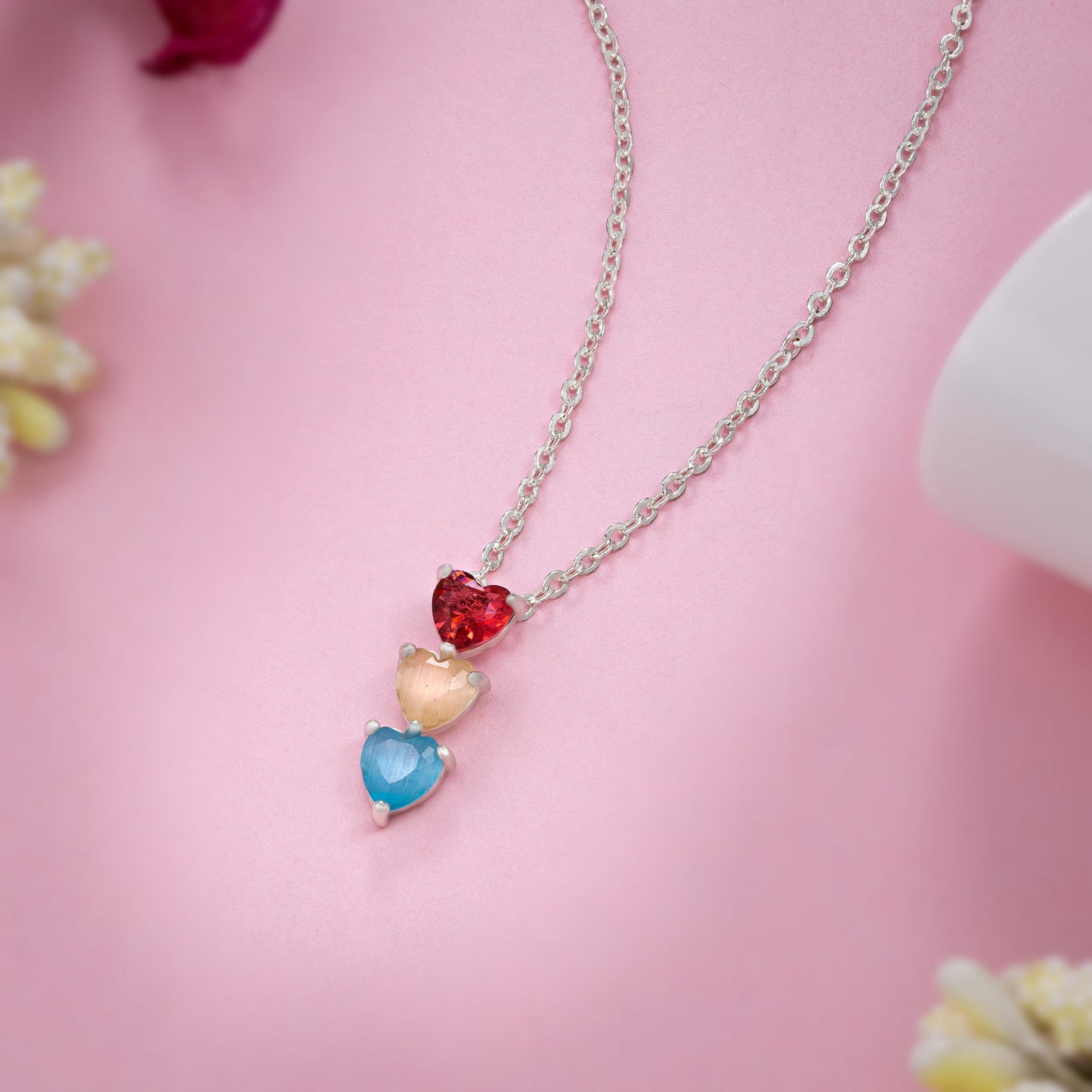 multi-color hanging heart silver necklace