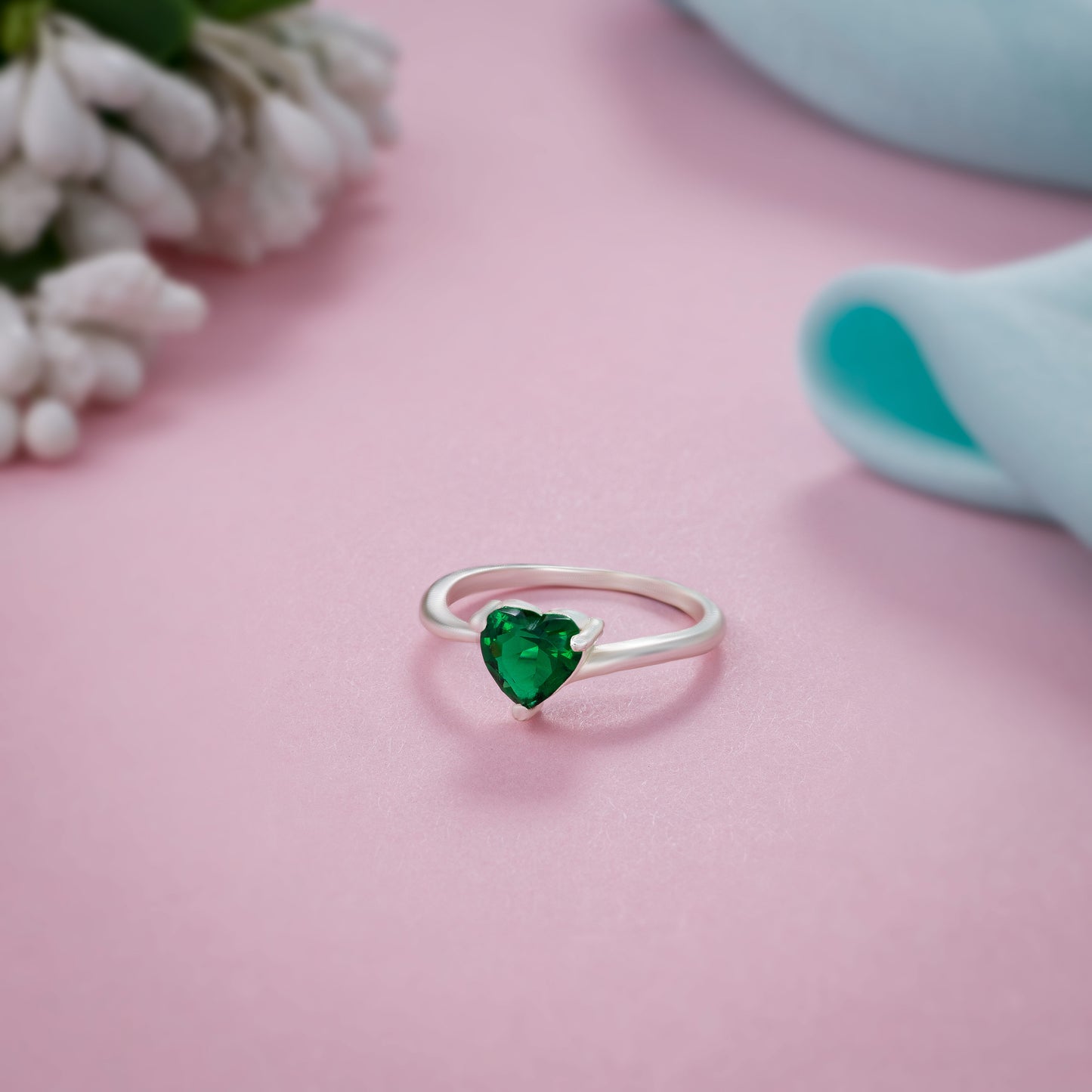 silver green heart ring