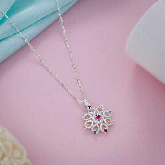 Silver Necklace with a Flower Design and Multi Colored Stones