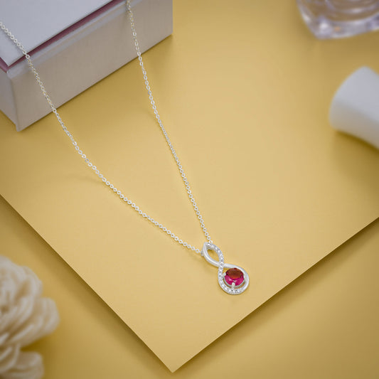 Silver Necklace with a Red Stone and Diamonds