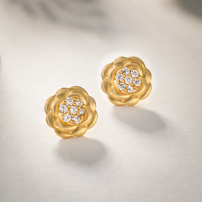 Golden Flower Stud Earrings with White Diamonds