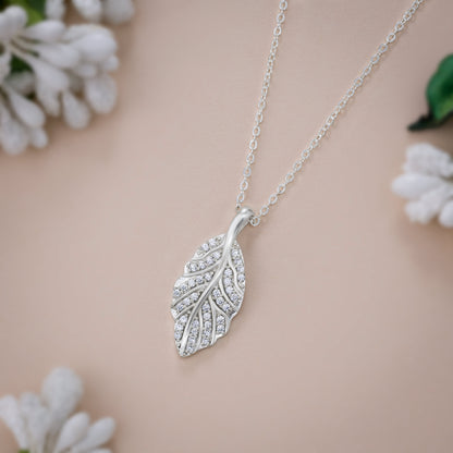 Silver Necklace with a Diamond Leaf Pendant