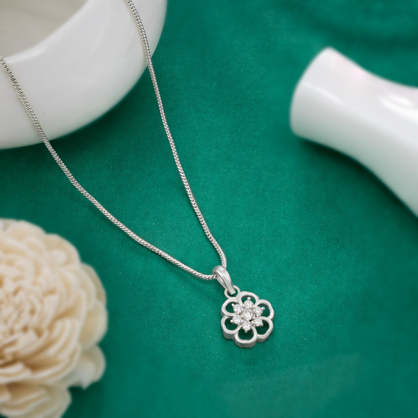 white stone stunning silver necklace featuring a round pendant