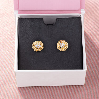 Golden Flower Stud Earrings with White Diamonds