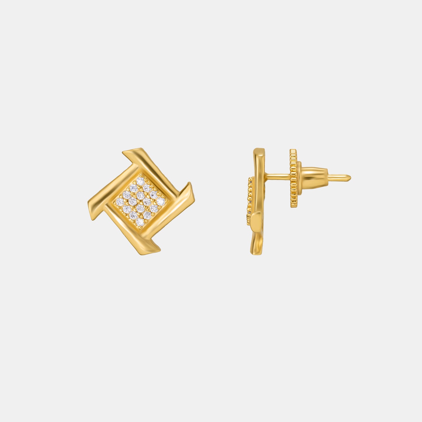 golden white diamond square stud earrings