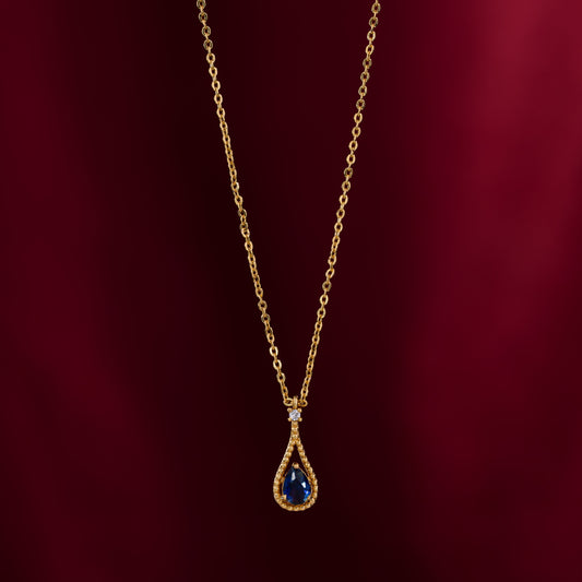 Golden Oval Blue Drop Necklace