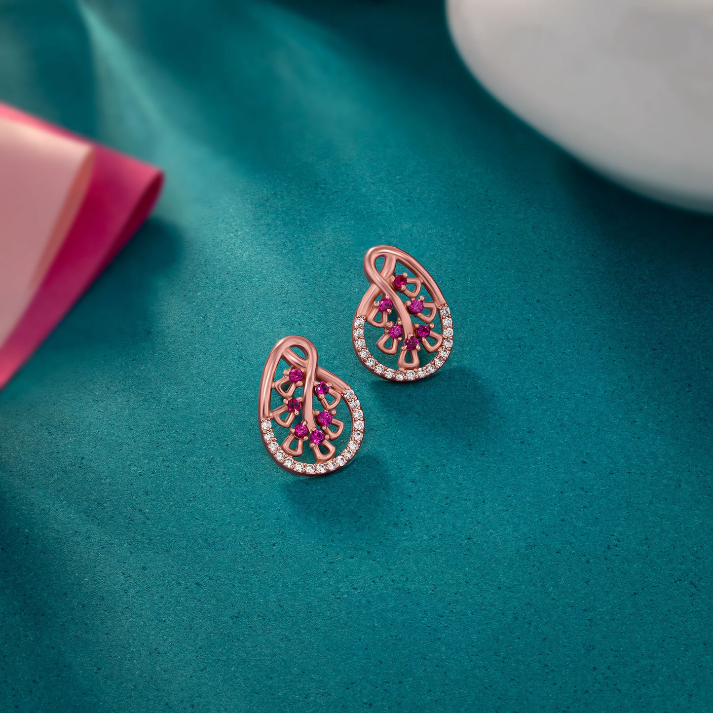 rose gold earrings with ruby and diamonds