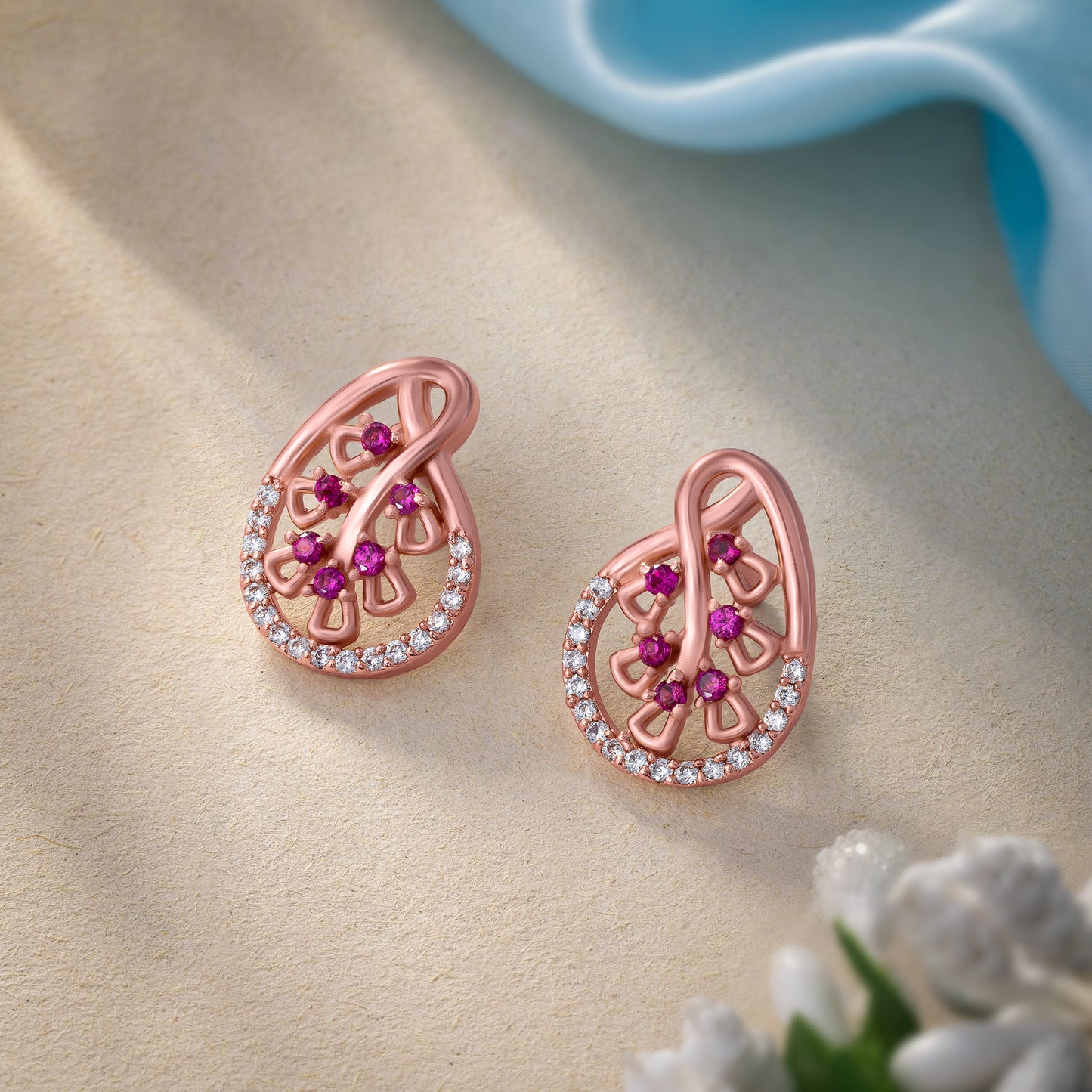 rose gold earrings with ruby and diamonds