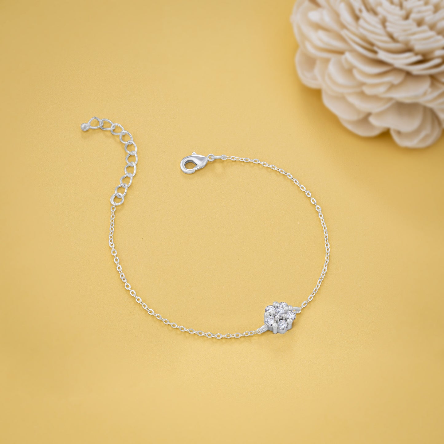 silver floral bracelet with diamond stone petals