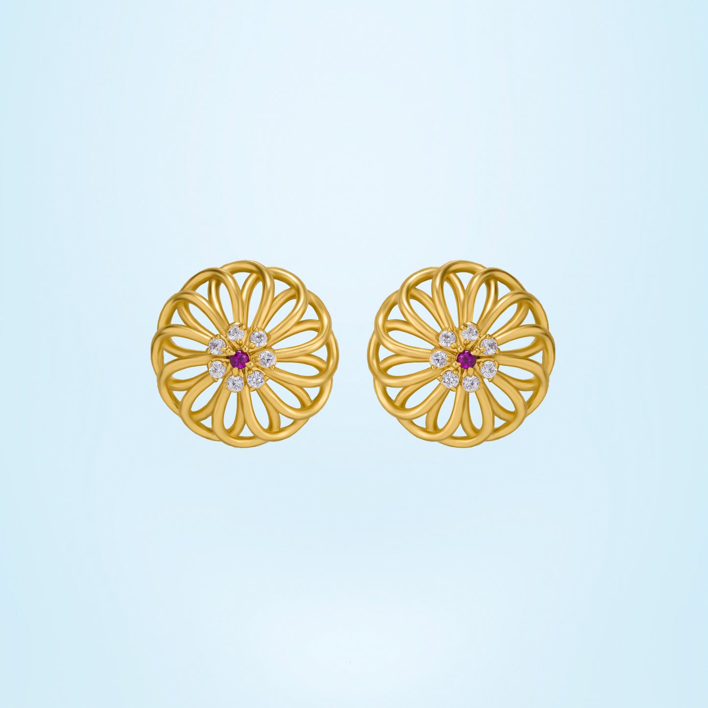 pair of golden earrings with diamonds and ruby