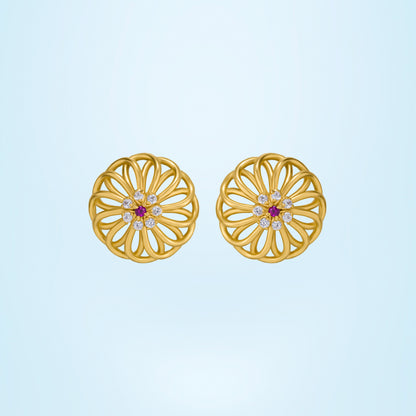 Pair of Golden Earrings with Diamonds and Ruby