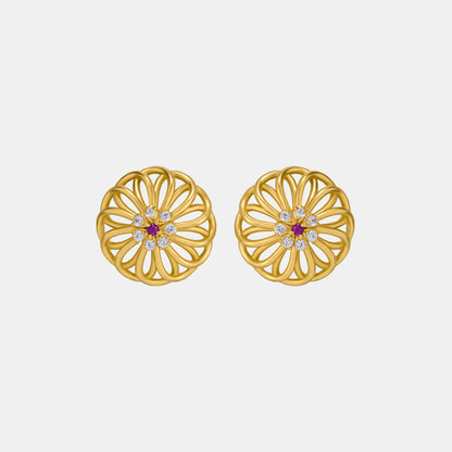 Pair of Golden Earrings with Diamonds and Ruby