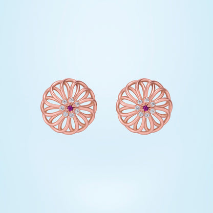 Pair of Rose Gold Earrings with Diamonds and Ruby