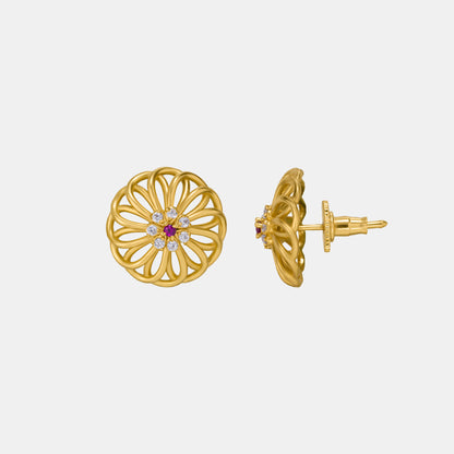 Pair of Golden Earrings with Diamonds and Ruby