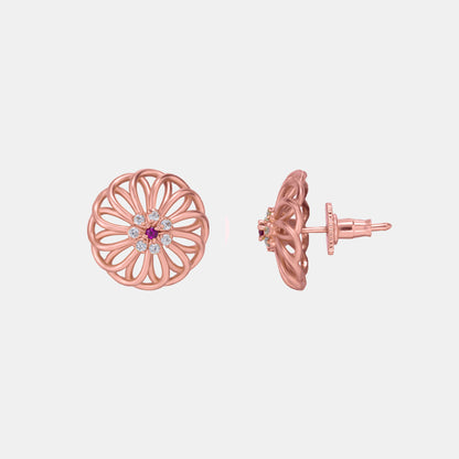 Pair of Rose Gold Earrings with Diamonds and Ruby