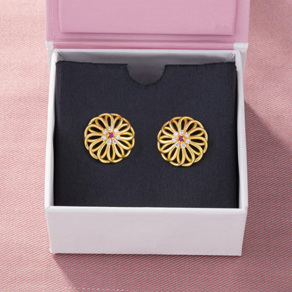 Pair of Golden Earrings with Diamonds and Ruby