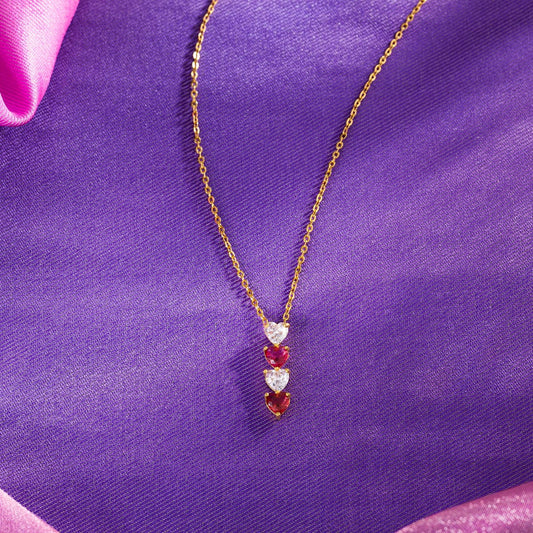 Red and White Hanging Heart Golden Necklace