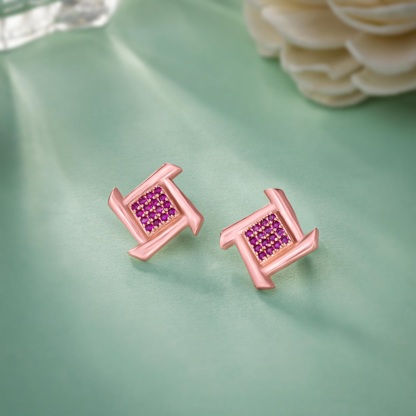 rose gold diamond square stud earrings