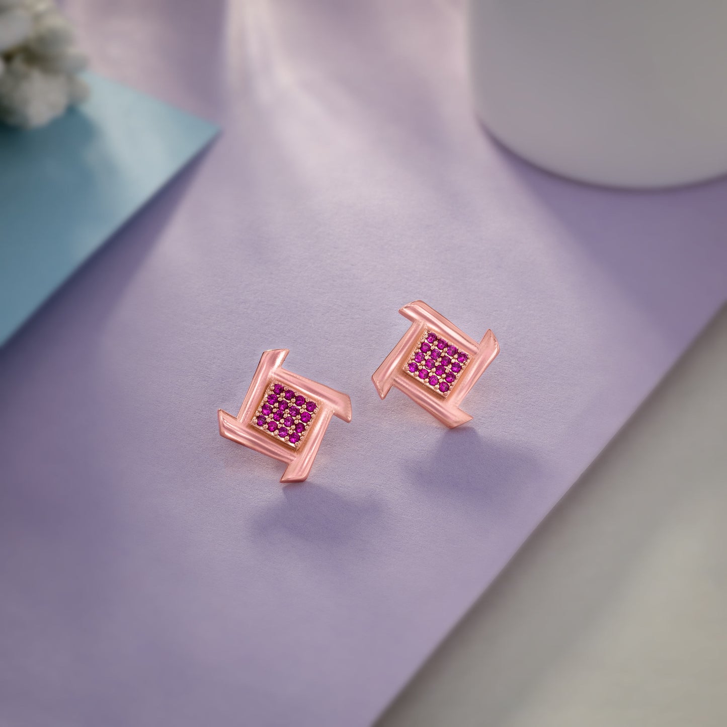 rose gold diamond square stud earrings