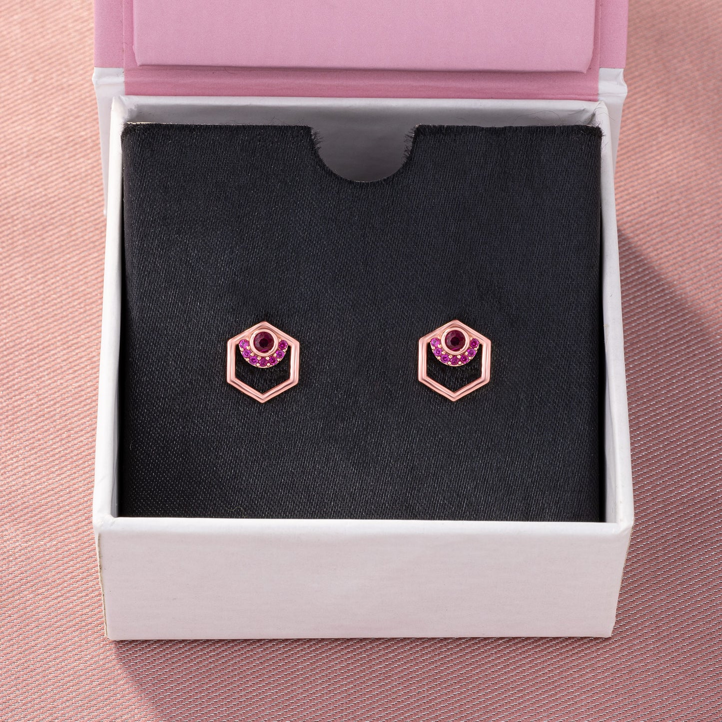 rose gold and ruby hexagon earrings