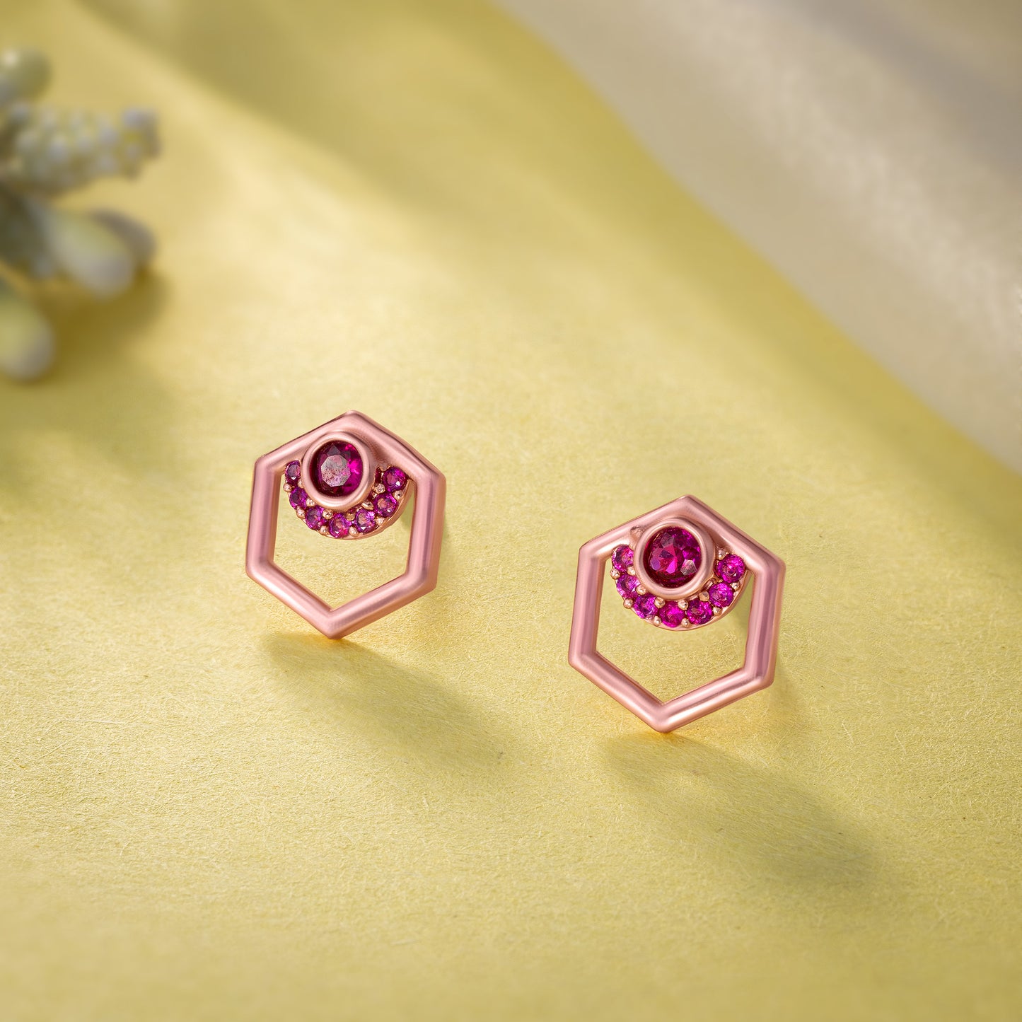 rose gold and ruby hexagon earrings