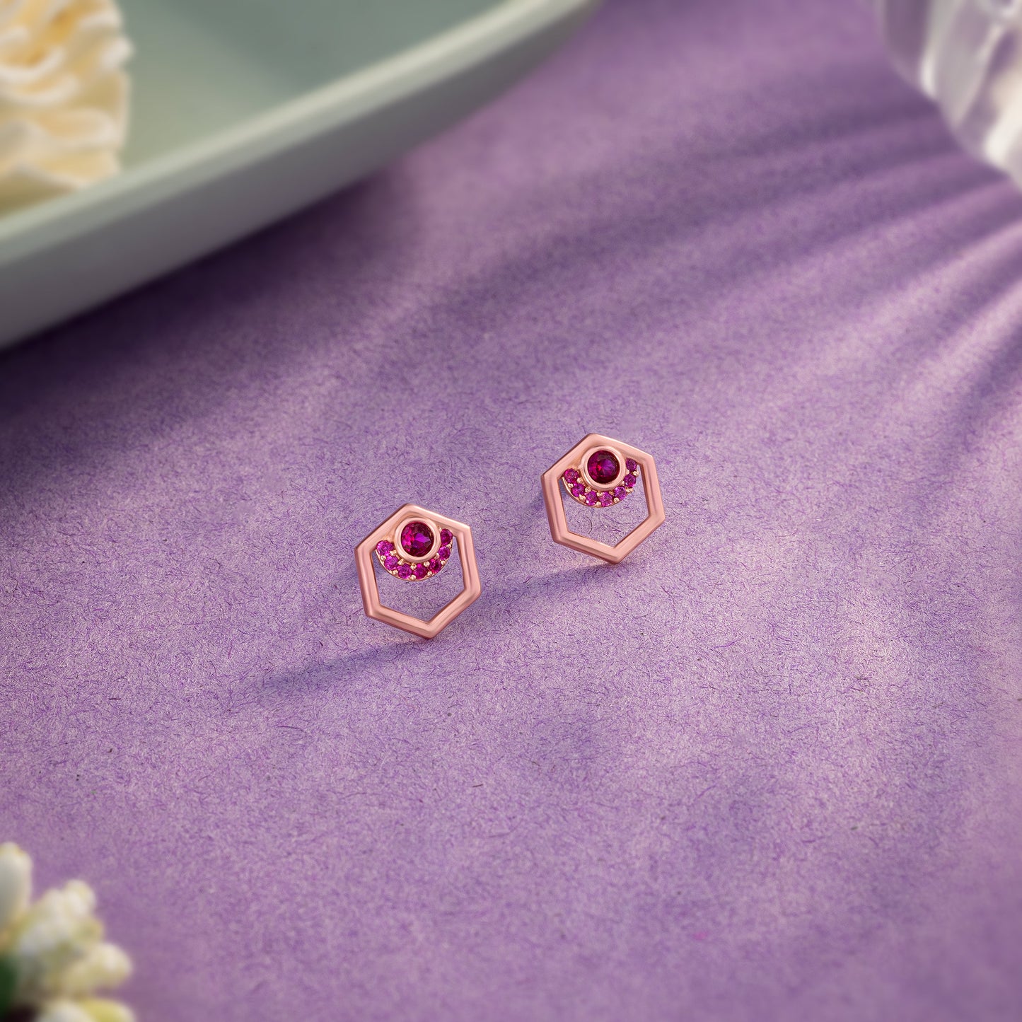 rose gold and ruby hexagon earrings