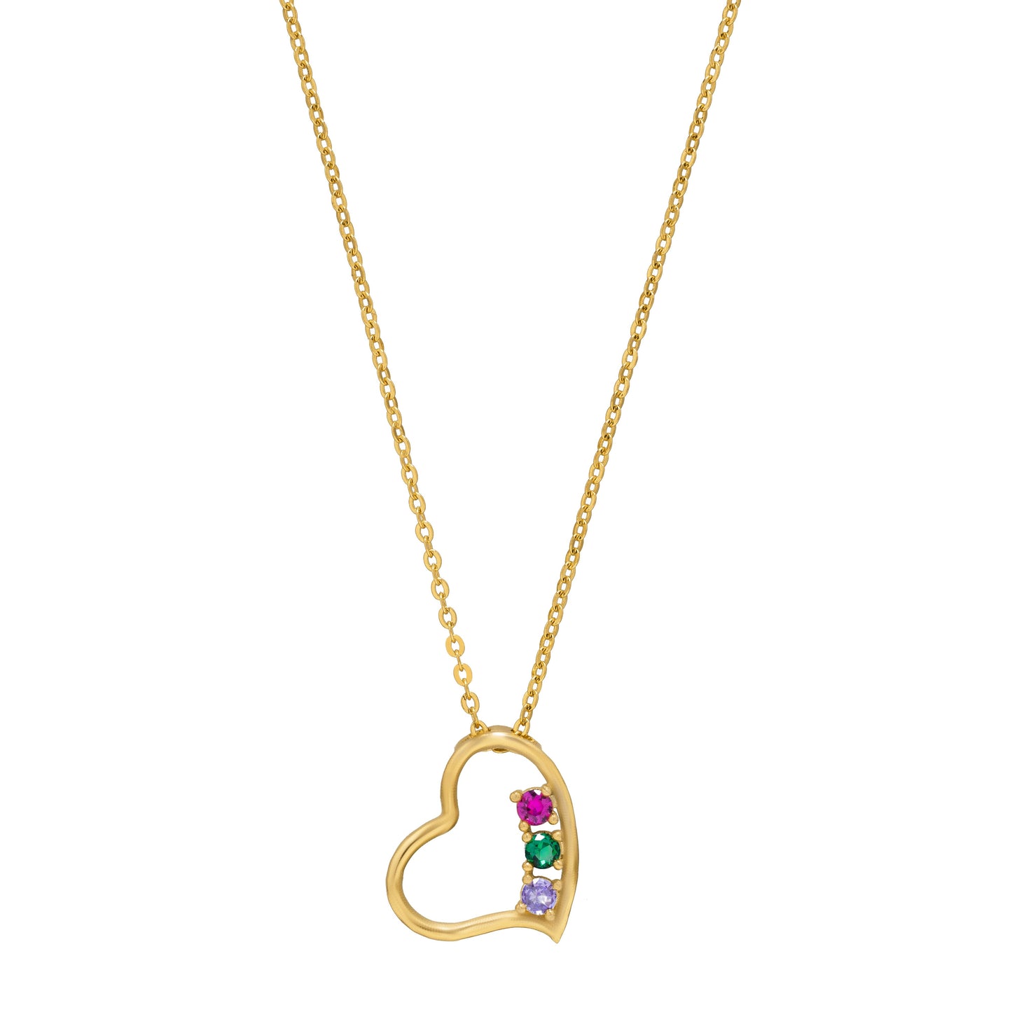 golden necklace with a heart pendant and a rainbow stone