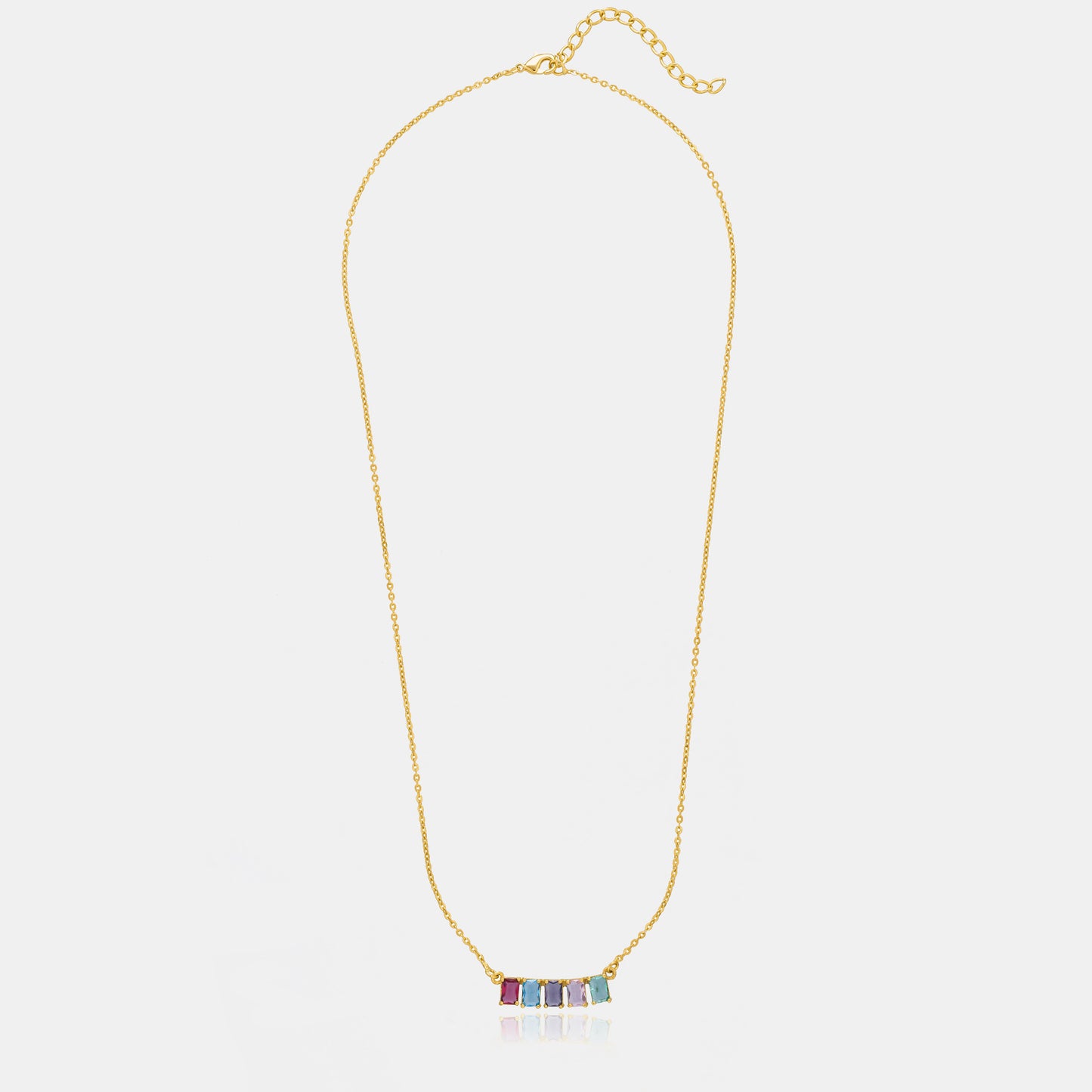 golden necklace with five rainbow stones