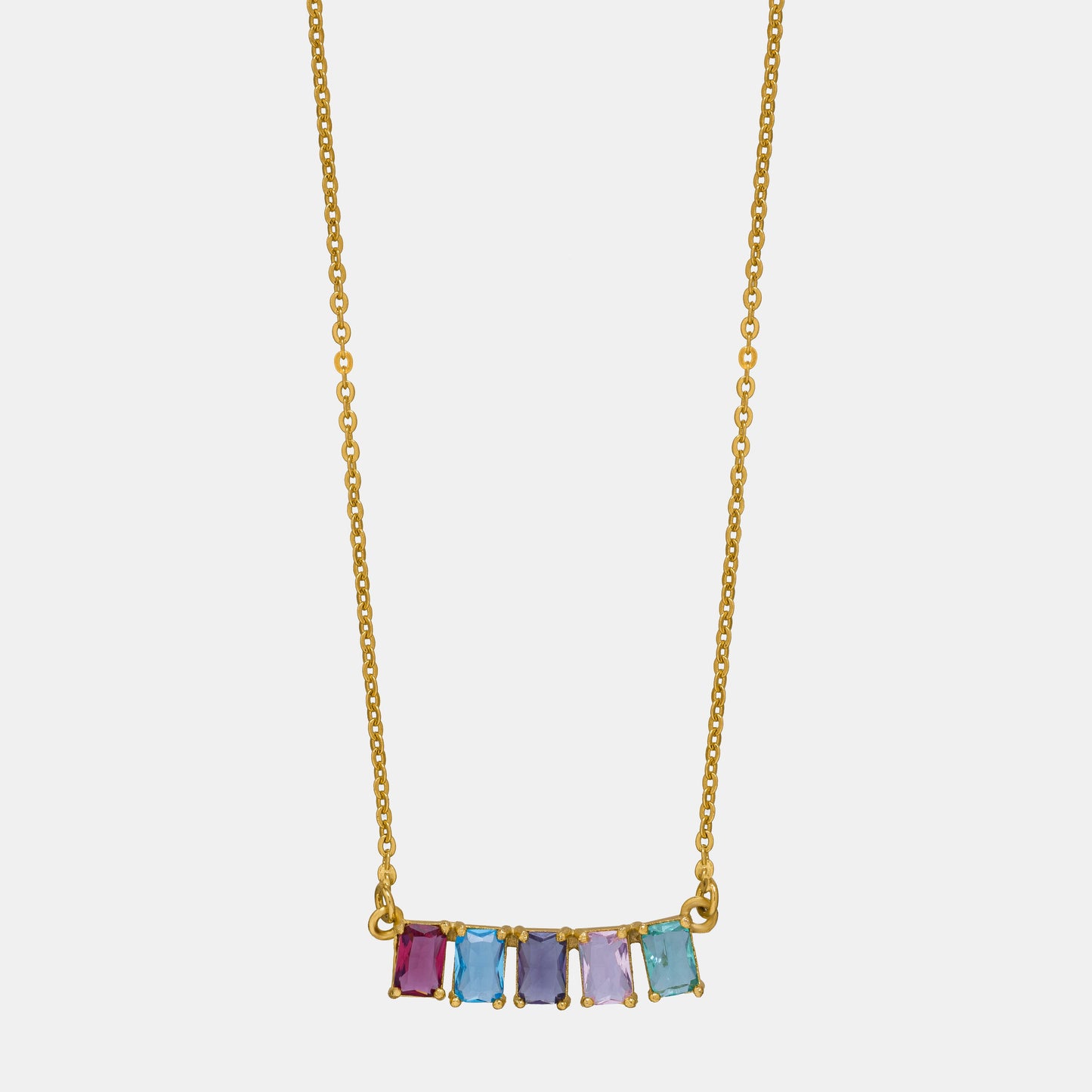 golden necklace with five rainbow stones