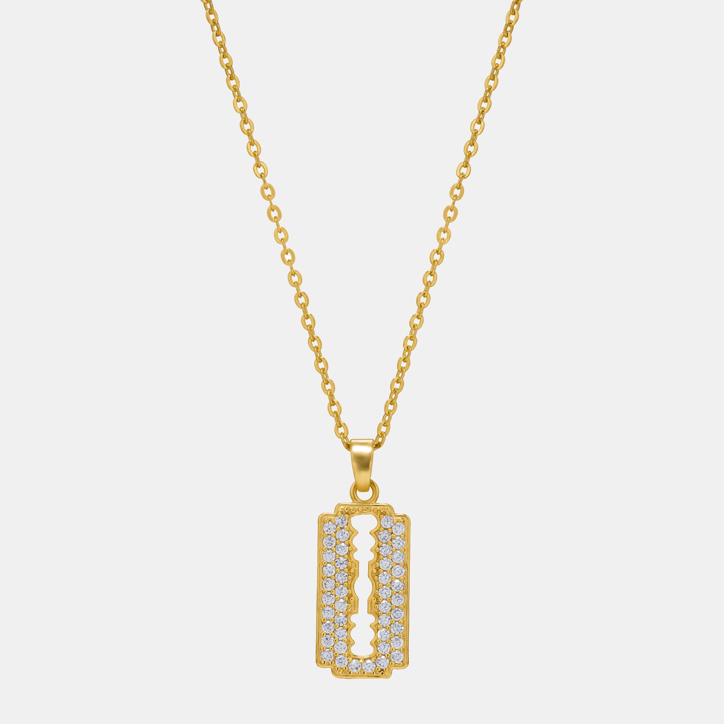 golden necklace with a diamond bar pendant