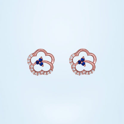 Pair of Gold Rose Earrings with Blue Sapphire and Diamonds