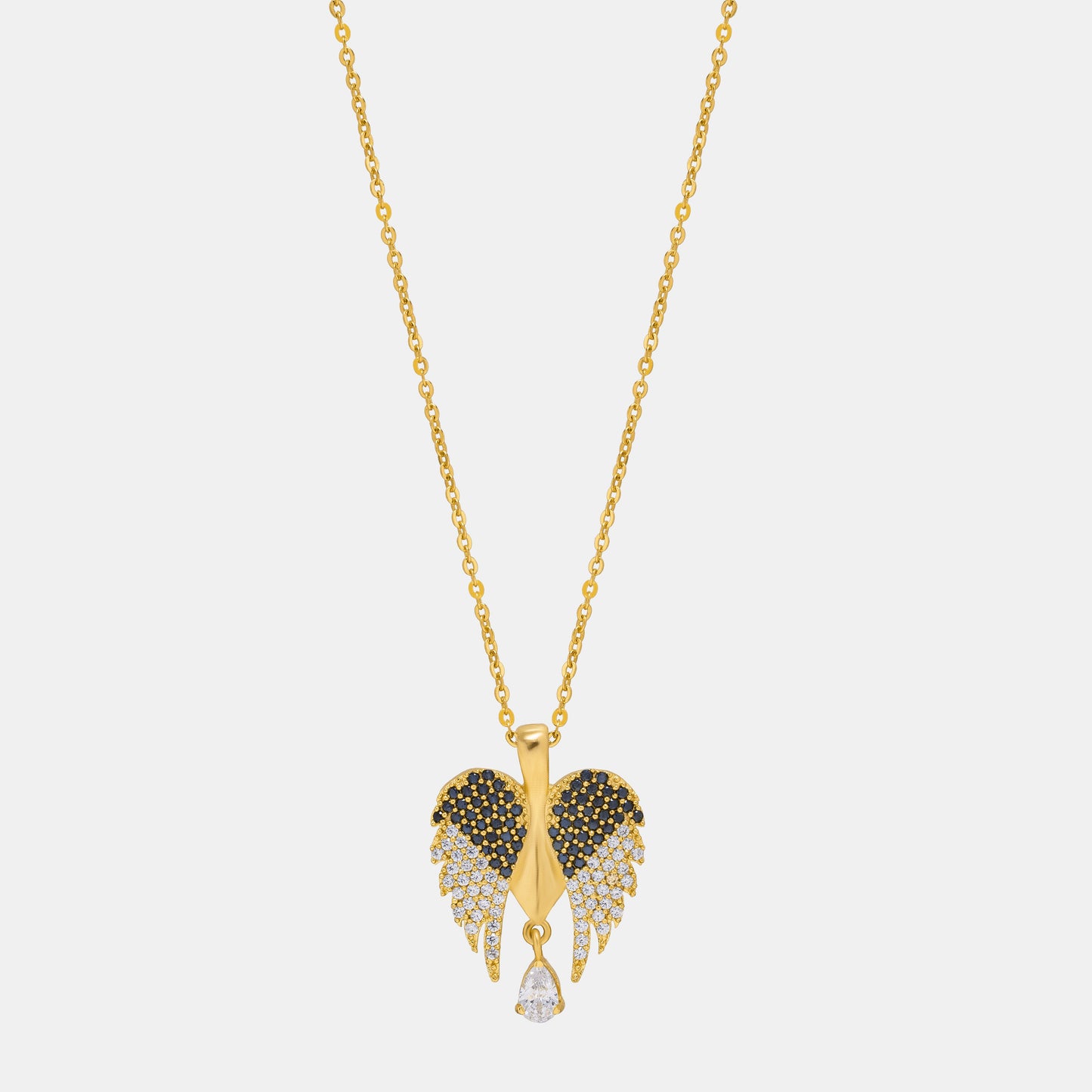 golden necklace with a diamond angel wing pendant