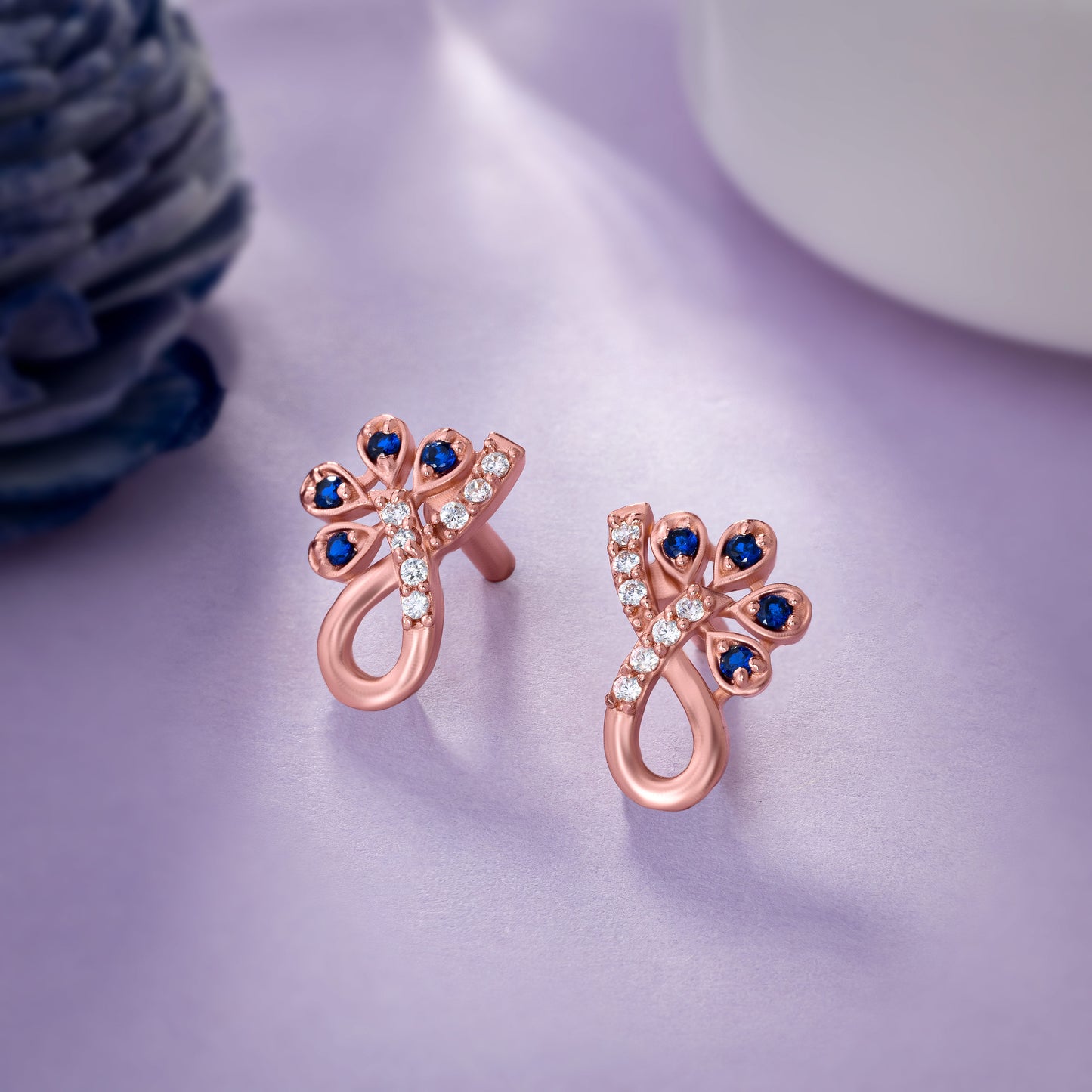 rose gold plated blue cz stud earrings