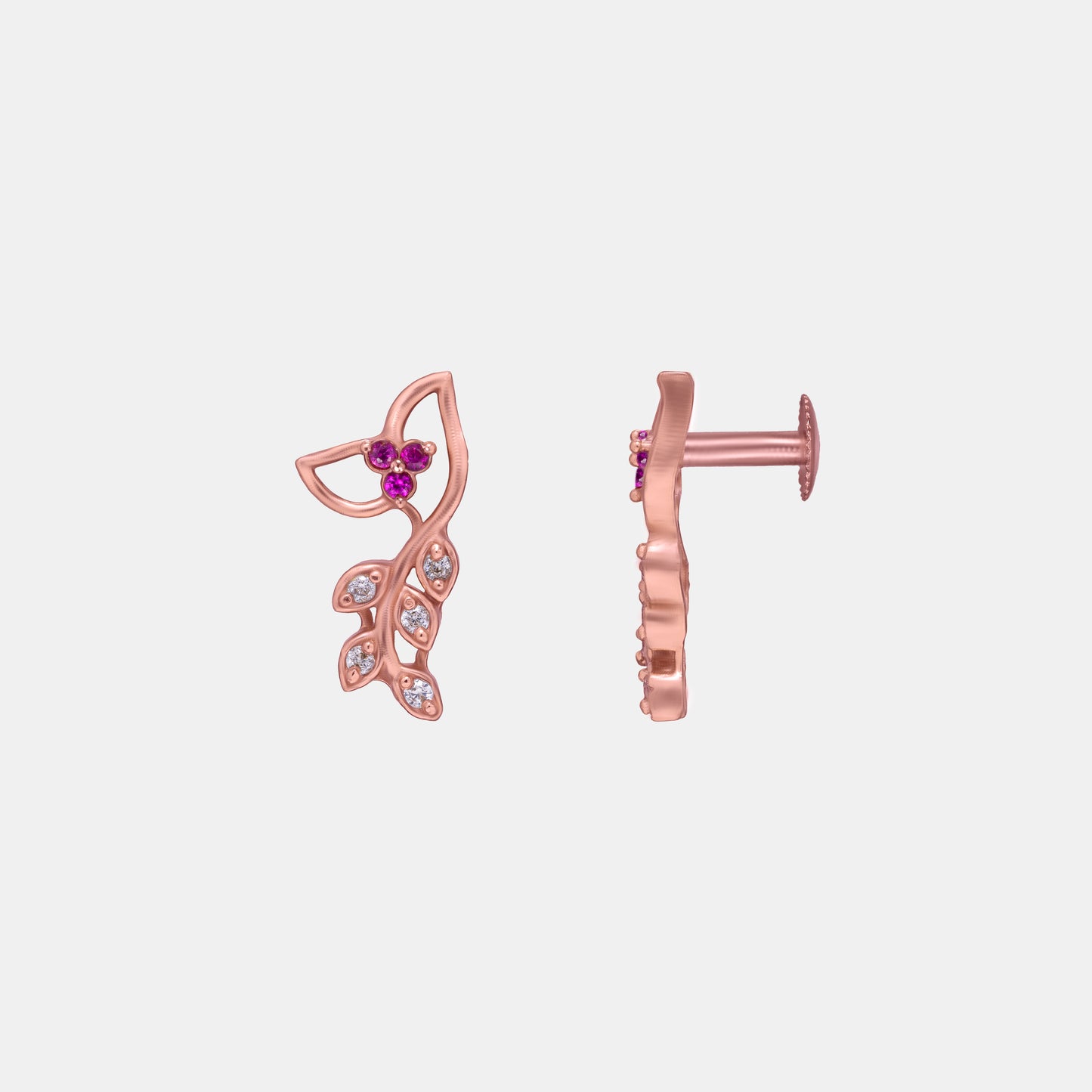 pair of rose gold earrings with diamonds