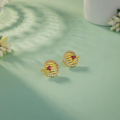 Pair of Golden Earrings with Ruby and Diamonds