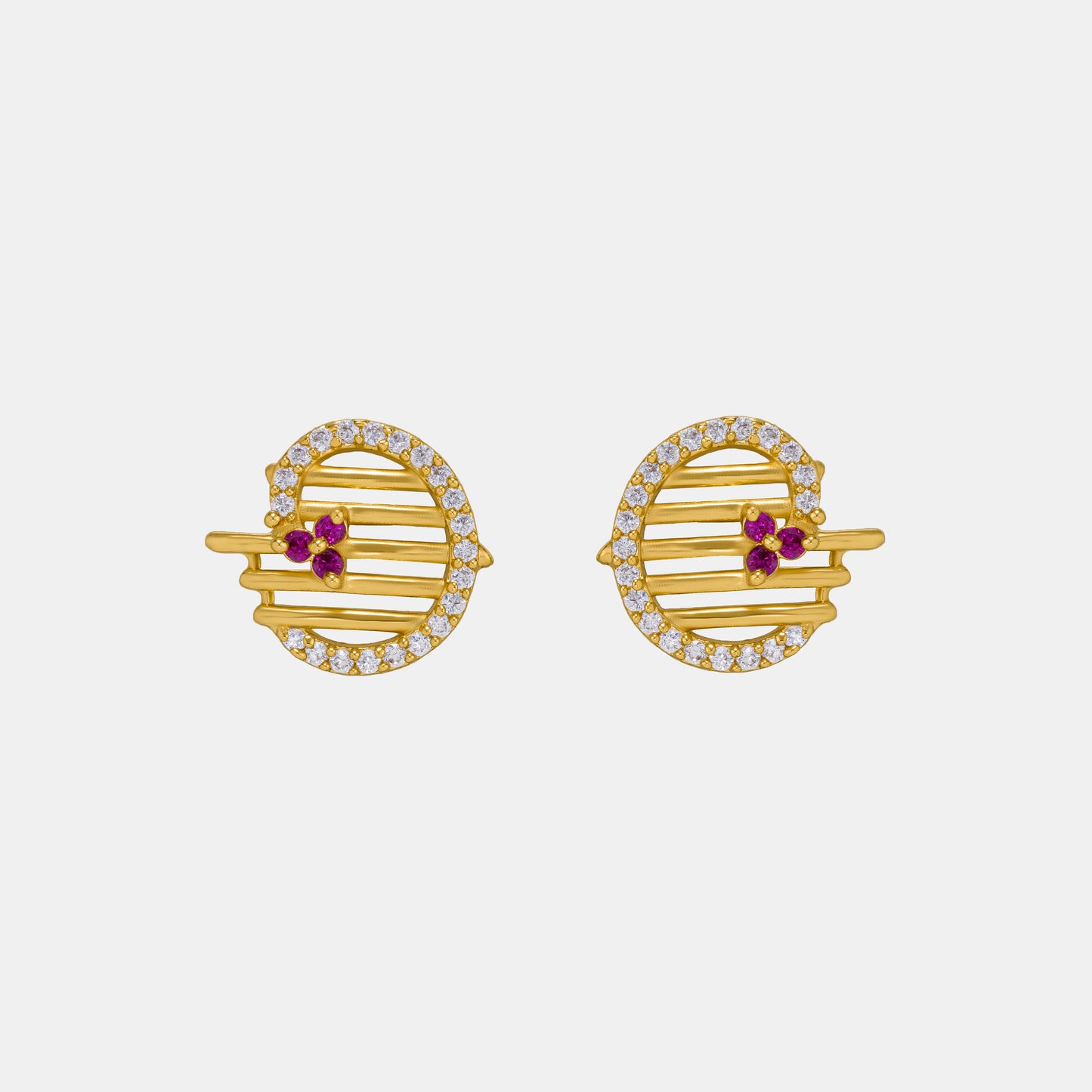 pair of golden earrings with ruby and diamonds