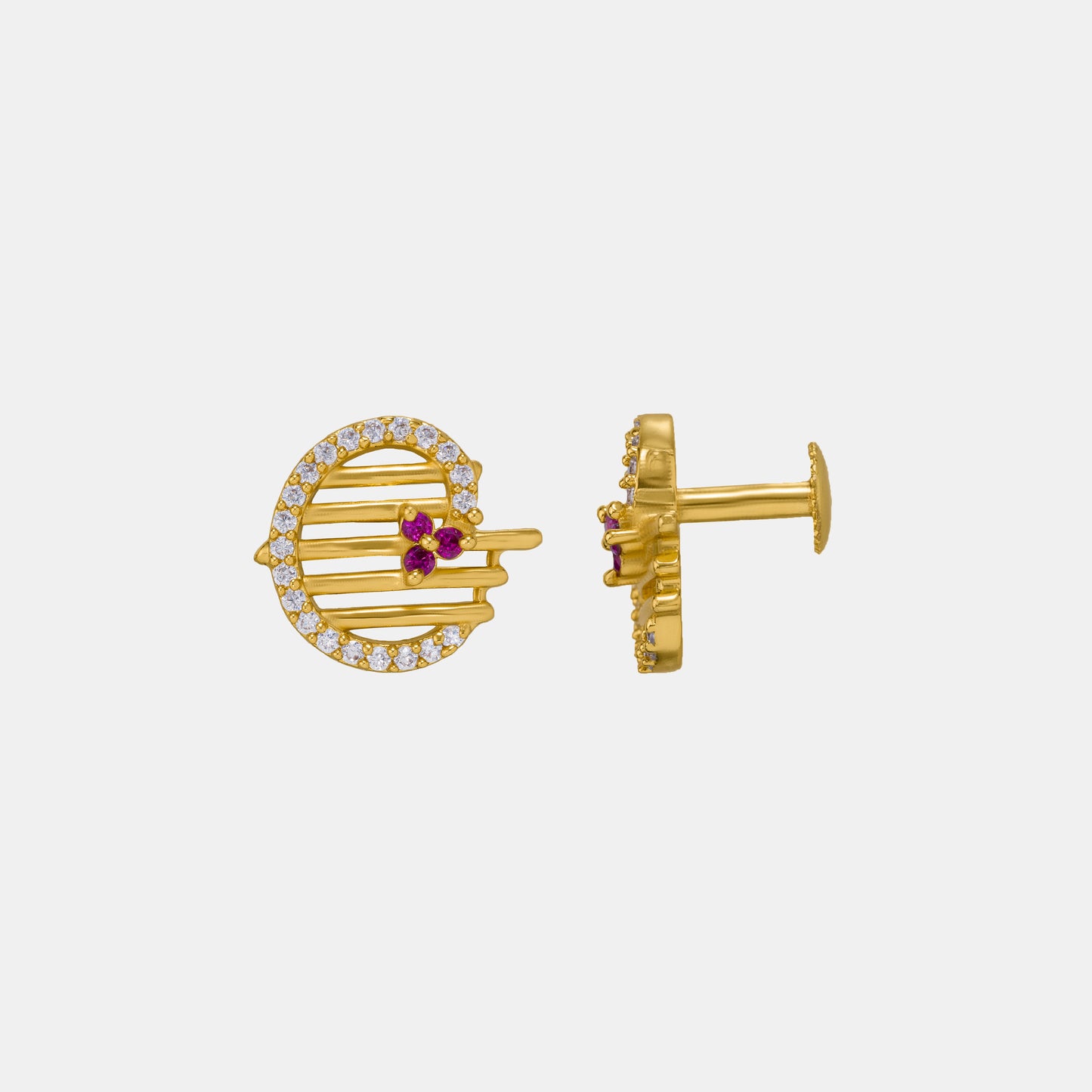 pair of golden earrings with ruby and diamonds