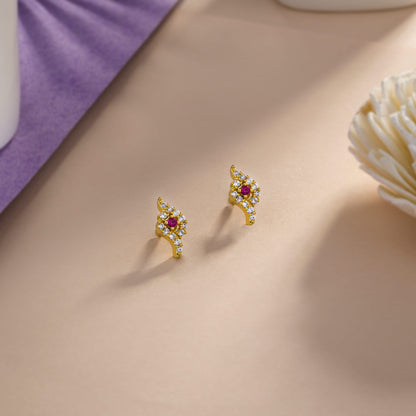 Pair of Golden Earrings with Ruby and Diamonds