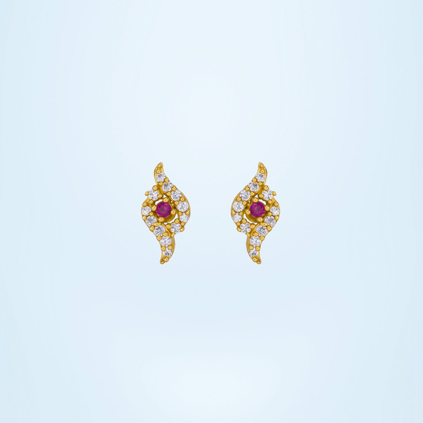 pair of golden earrings with ruby and diamonds