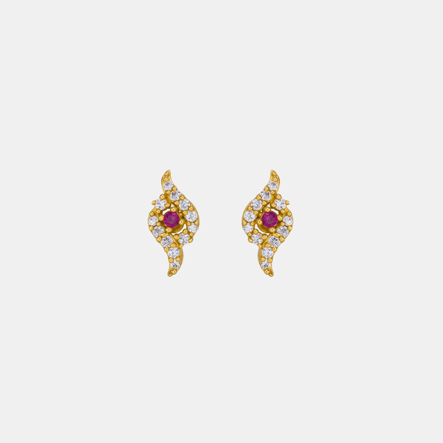 pair of golden earrings with ruby and diamonds