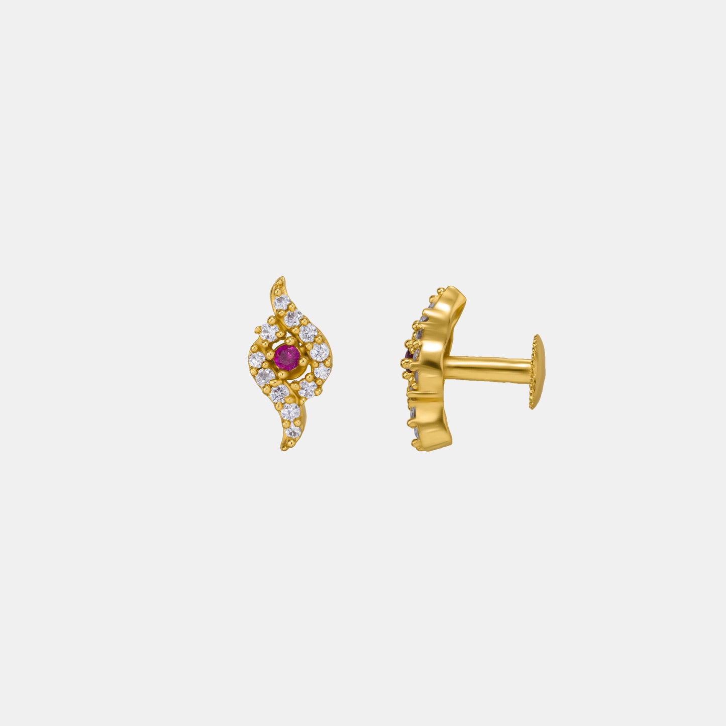 pair of golden earrings with ruby and diamonds