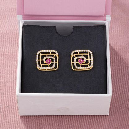 Pair of Golden Earrings with Ruby and Diamonds