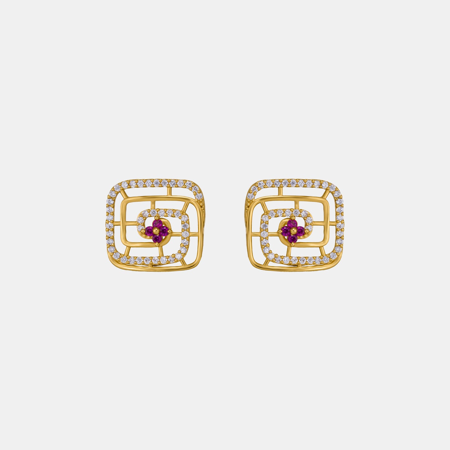 pair of golden earrings with ruby and diamonds