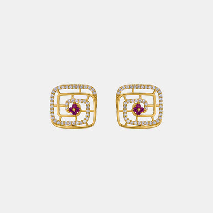 Pair of Golden Earrings with Ruby and Diamonds